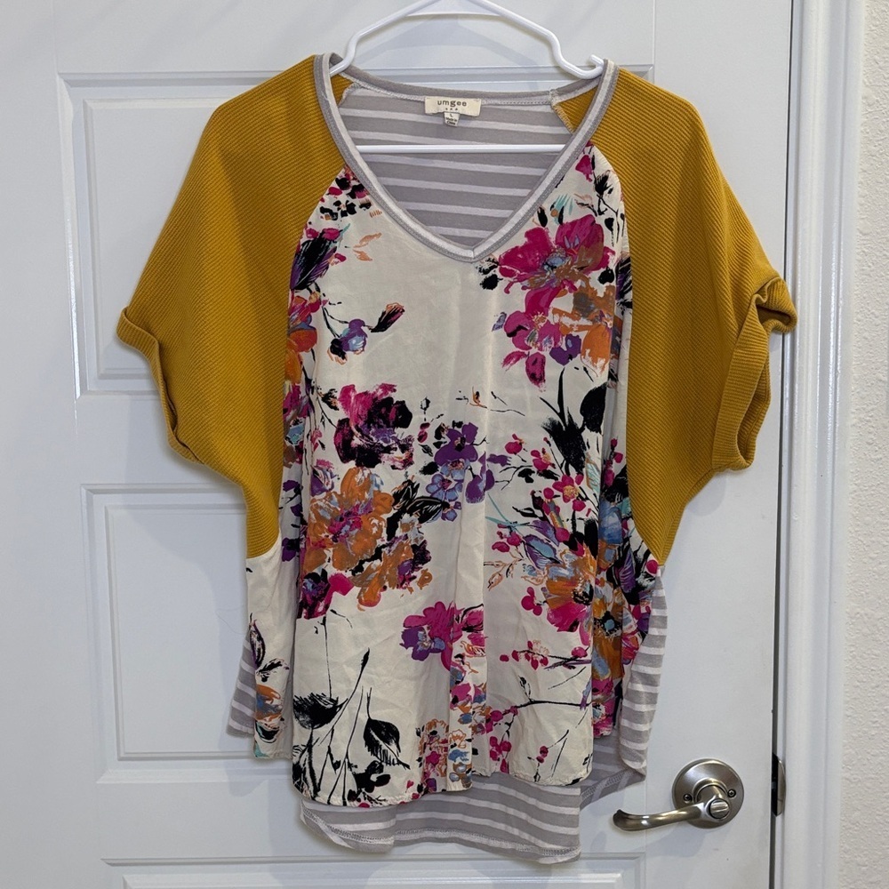 Umgee Floral Mixed Print Top Mustard Sleeve Boho Blouse Size L